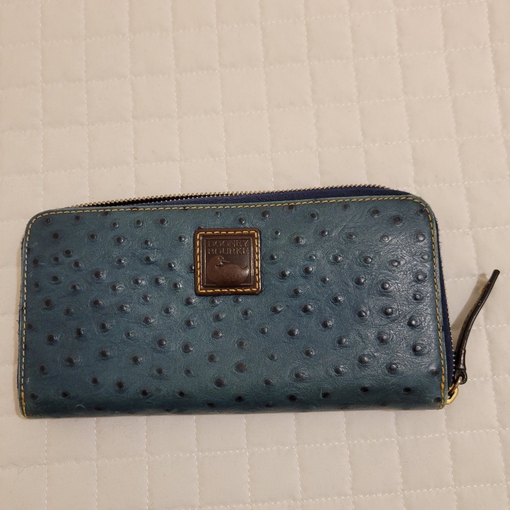 Dooney & Bourke Ostrich Embossed Leather Zip Around Wallet Slate Blue Wristlet